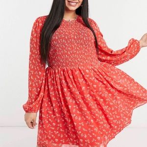 ASOS Design shirred smock dress in red floral.